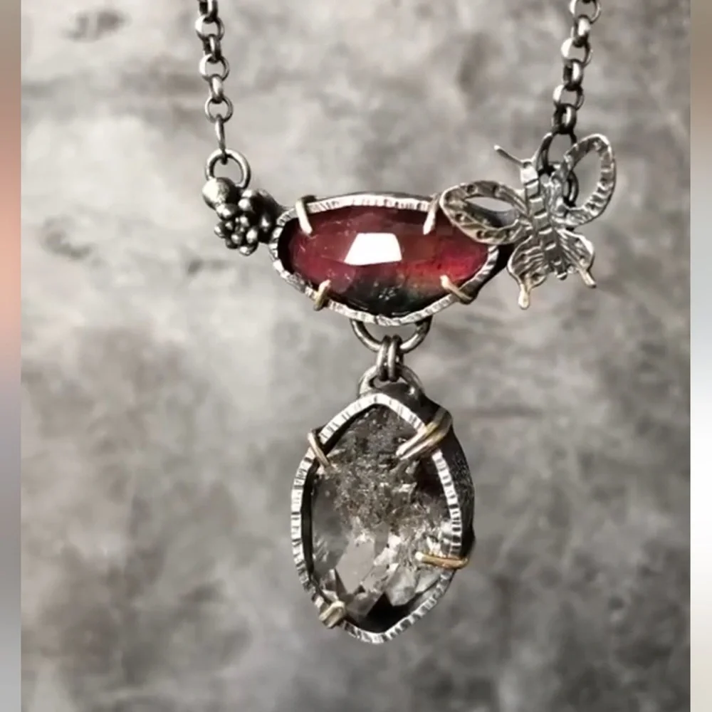 Sterling Silver and Tourmaline Pendant with Herkimer Diamond Necklace - Picture 6 of 14